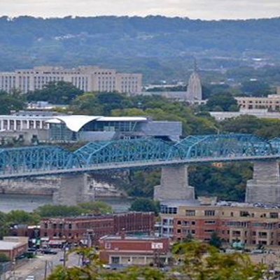 aerial photo of bridge in downtown Chattanooga, TN